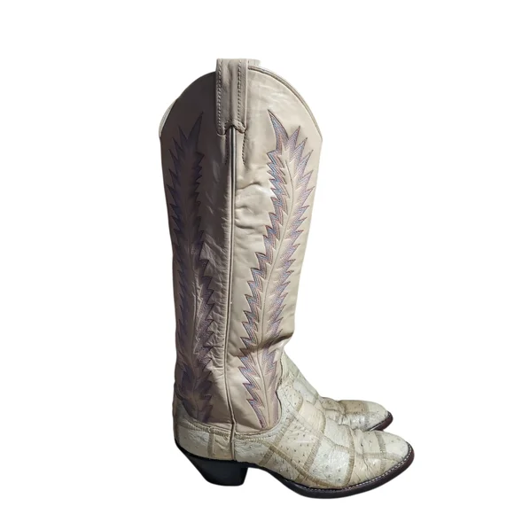 Vintage Larry Mahan Ivory Western Cowboy Boots Ostrich Print Tall USA - Picture 6 of 16